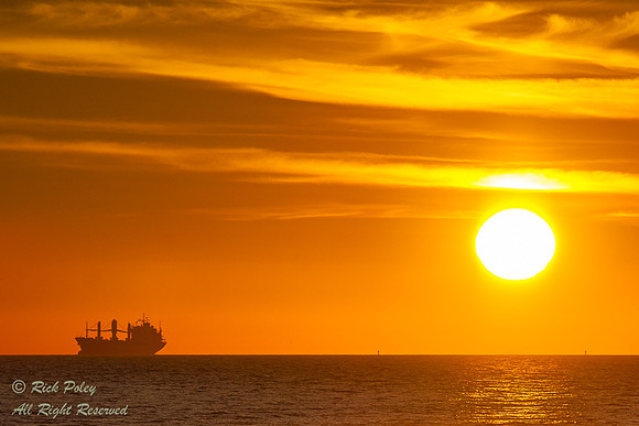 Cargo Ship Near Entrance to Tampa Bay ay Sunset, Pinellas County