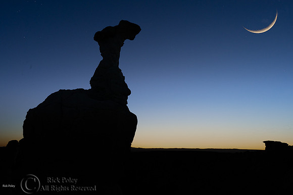 Composite Image Crescent Moon and Hoodoo at Sunset